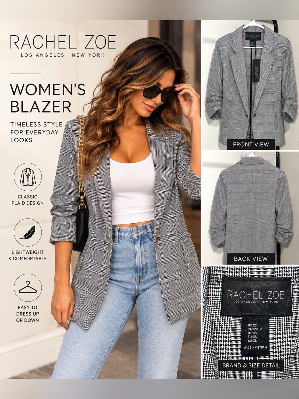 Rachel Zoe Gray Plaid Single-Breasted Blazer size XS